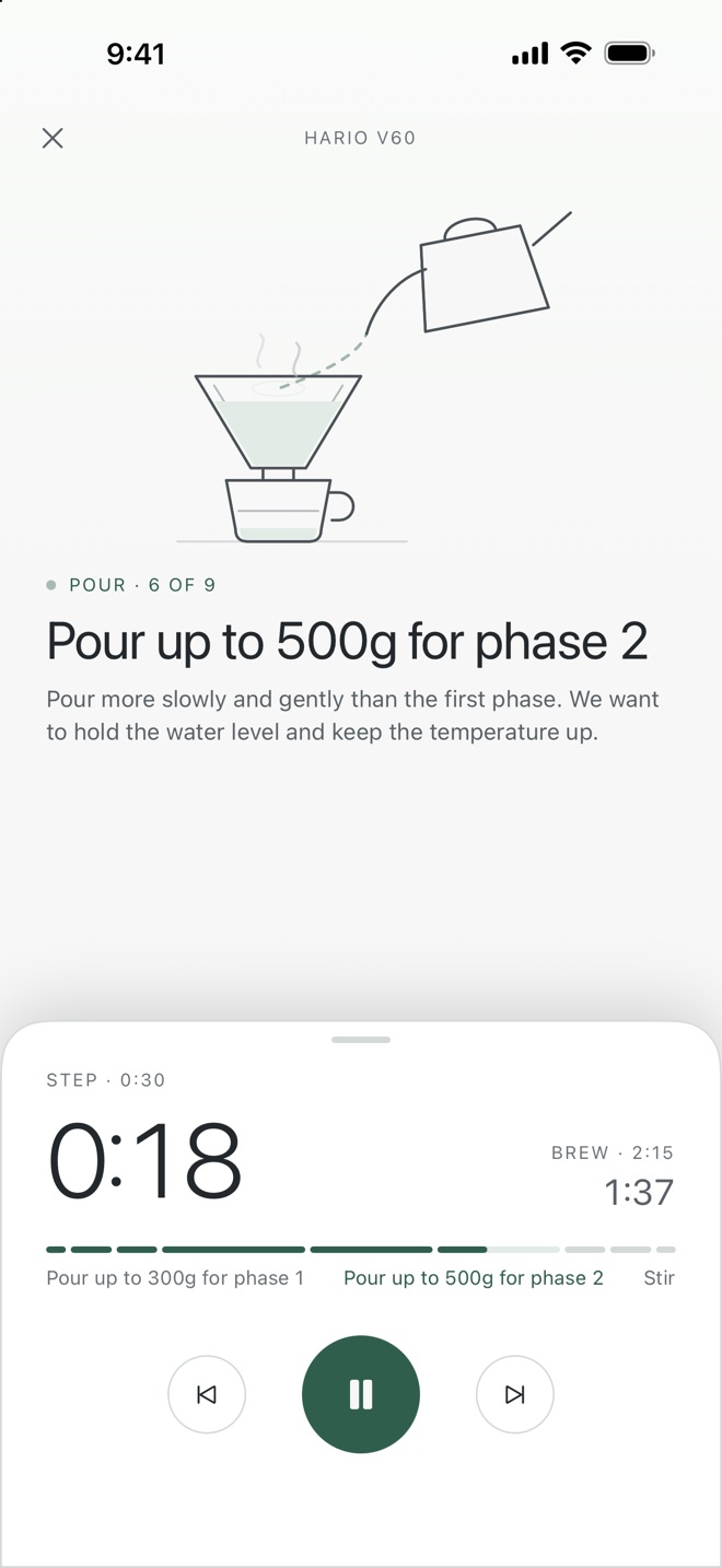 Birch during a Hario V60 brew: a kettle pours into the dripper above the step clock.